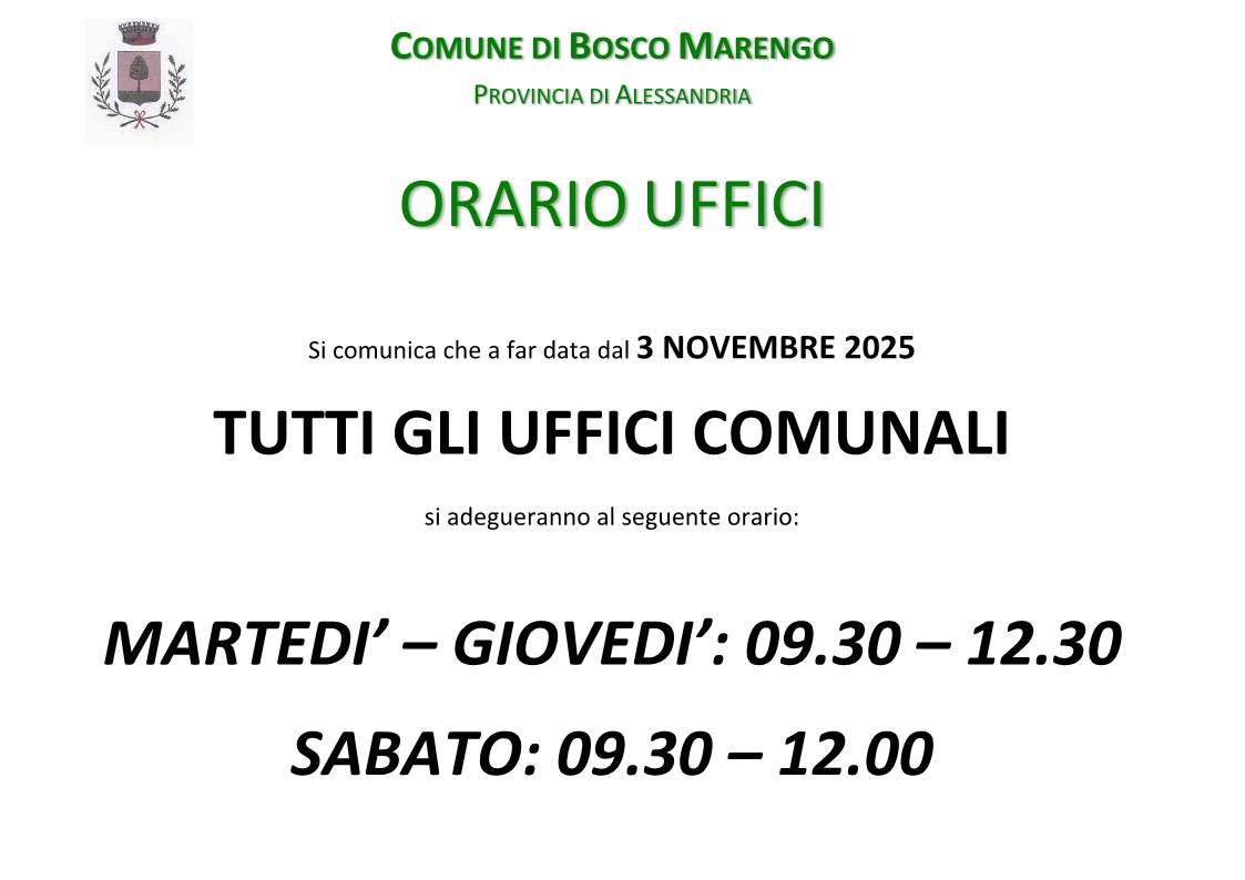 Nuovi Orari Uffici Comunali
